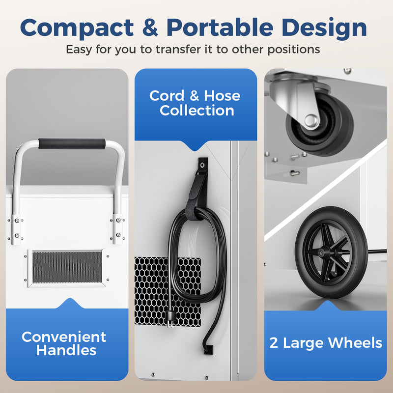 Close-ups of the AlorAir Sentinel SLGR 1400X handles, cord and hose hook and wheels, captioned Compact and Portable Design