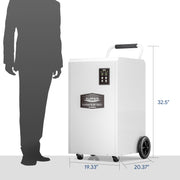 AlorAir Sentinel SLGR 1400X beside a person's silhouette with dimensions marked: 32.5" high, 19.33" by 20.37" footprint