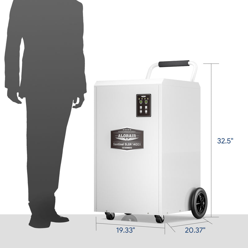 AlorAir Sentinel SLGR 1400X beside a person's silhouette with dimensions marked: 32.5" high, 19.33" by 20.37" footprint