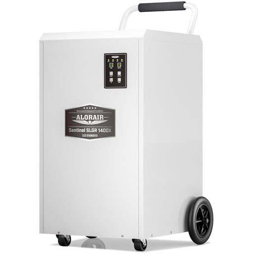AlorAir Sentinel SLGR 1400X in white sheet metal, front three-quarter view with its handle, control panel and large rear wheel