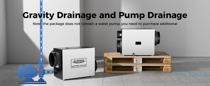 AlorAir Sentinel WHD100 draining to an external pump and by gravity from a pallet, with a note that the pump is not included