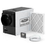 AlorAir Sentinel WHD100 whole-house dehumidifier with its filter, wired controller and coiled drain hose