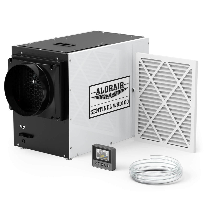 AlorAir Sentinel WHD100 whole-house dehumidifier with its filter, wired controller and coiled drain hose