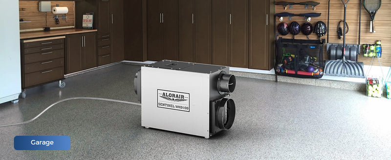 AlorAir Sentinel WHD100 on a garage floor with its drain hose, labeled Garage