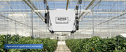 AlorAir Sentinel WHD100 hung above rows of plants in a greenhouse, labeled Agricultural application scenarios