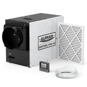 AlorAir Sentinel WHD120 whole-house dehumidifier with its filter, wired controller and coiled drain hose