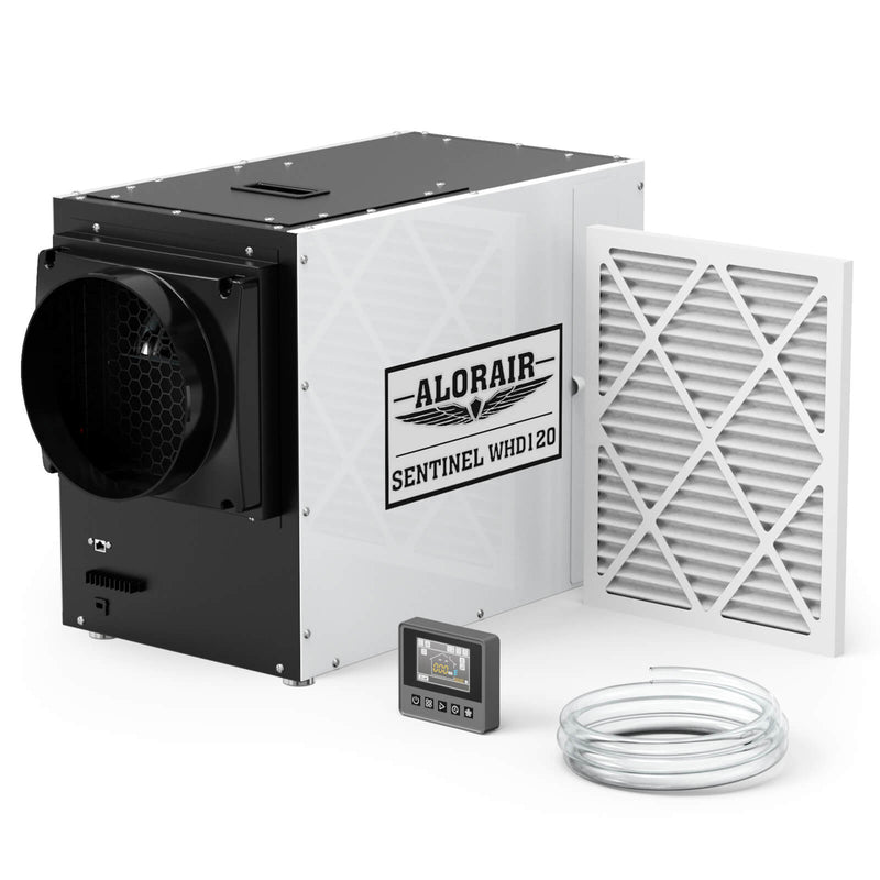 AlorAir Sentinel WHD120 whole-house dehumidifier with its filter, wired controller and coiled drain hose