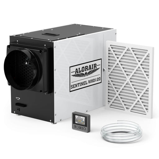 AlorAir Sentinel WHD120 whole-house dehumidifier with its filter, wired controller and coiled drain hose