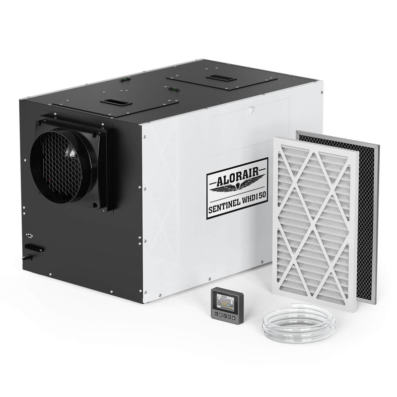AlorAir Sentinel WHD150 whole-house dehumidifier with its two filters, wired controller and coiled drain hose