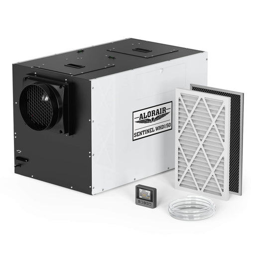 AlorAir Sentinel WHD150 whole-house dehumidifier with its two filters, wired controller and coiled drain hose