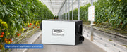 AlorAir Sentinel WHD150 in a greenhouse between rows of tomato plants, labeled Agricultural application scenarios