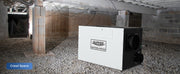 AlorAir Sentinel WHD200 on a gravel crawl space floor beside a block pier, labeled Crawl Space