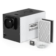 AlorAir Sentinel WHD200 whole-house dehumidifier with its two filters, wired controller and coiled drain hose