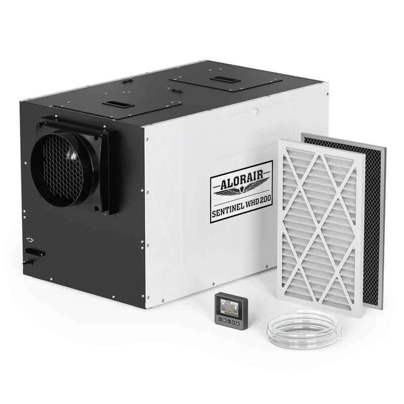 AlorAir Sentinel WHD200 whole-house dehumidifier with its two filters, wired controller and coiled drain hose