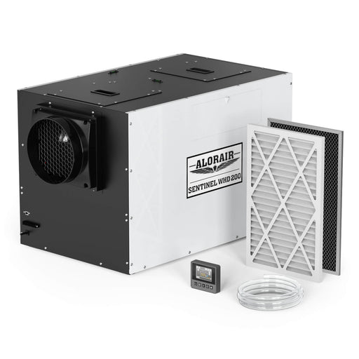 AlorAir Sentinel WHD200 whole-house dehumidifier with its two filters, wired controller and coiled drain hose