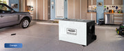 AlorAir Sentinel WHD200 on a garage floor beside a parked car, labeled Garage