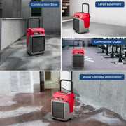 Red AlorAir Storm 80X at a construction site, in a large basement, a commercial space and a water-damaged room, with captions