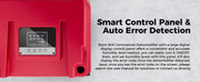 Close-up of the AlorAir Storm 80X control panel on the red housing, captioned Smart Control Panel and Auto Error Detection