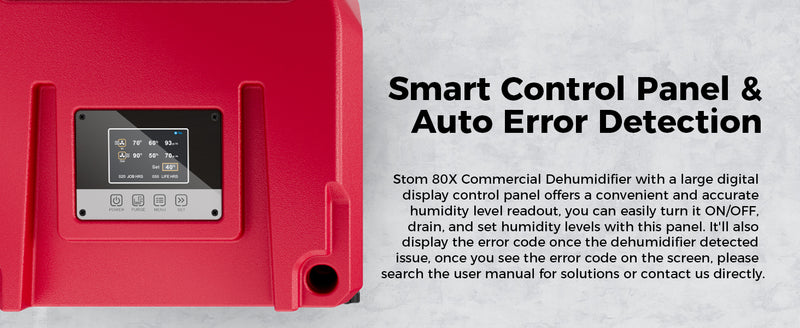 Close-up of the AlorAir Storm 80X control panel on the red housing, captioned Smart Control Panel and Auto Error Detection