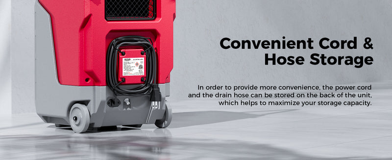 Back of a red AlorAir Storm 80X with the power cord and drain hose wrapped in the storage recess