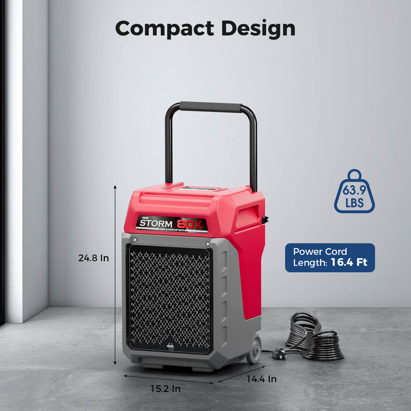 Red AlorAir Storm 80X with dimensions marked: 24.8" high, 15.2" by 14.4" footprint, 63.9 lbs, 16.4' power cord