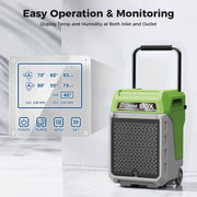 Green AlorAir Storm 80X beside an enlarged view of its LCD and buttons, captioned Easy Operation and Monitoring