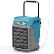AlorAir Storm 80X in blue and gray, front three-quarter view with its handle raised and drain hose attached