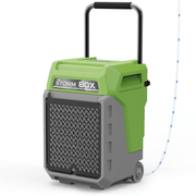 AlorAir Storm 80X in green and gray, front three-quarter view with its handle raised and drain hose attached