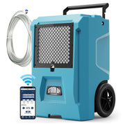 AlorAir Storm DP in blue with a coiled clear drain hose and a phone showing the AlorAir app