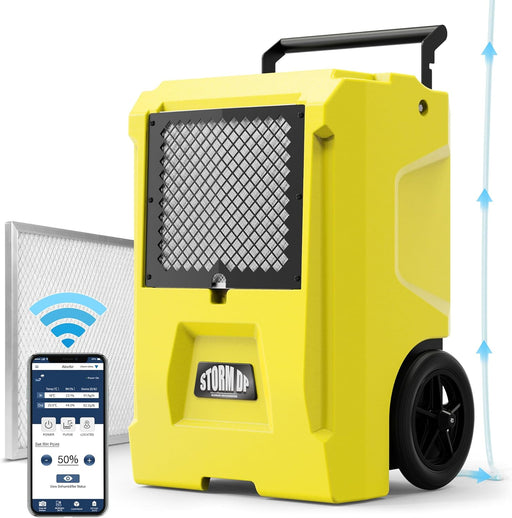 AlorAir Storm DP in yellow with a filter panel beside it and a phone showing the AlorAir app