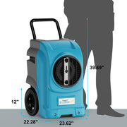 Blue AlorAir Storm Elite beside a person's silhouette with dimensions marked: 39.69" high, 22.28" by 23.62" footprint