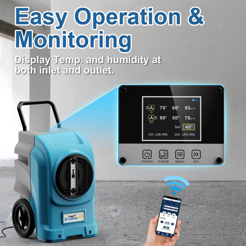 Blue AlorAir Storm Elite in a concrete room with an enlarged view of its LCD and a hand holding a phone, captioned Easy Operation and Monitoring