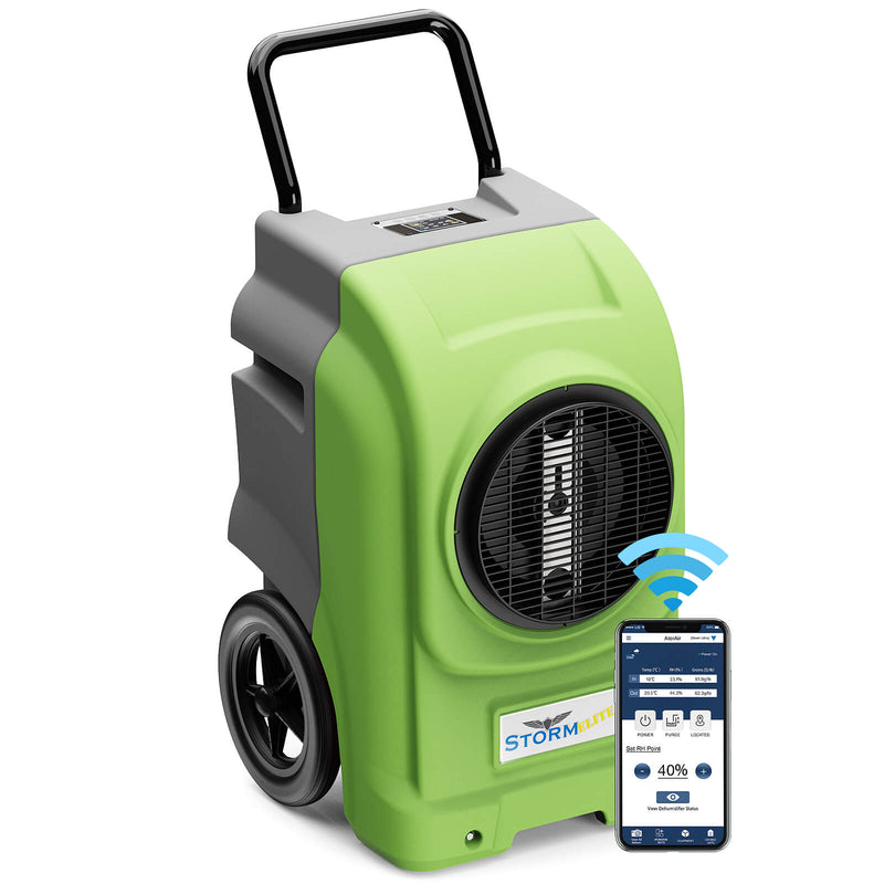 AlorAir Storm Elite in green and gray, front three-quarter view beside a phone showing the AlorAir app