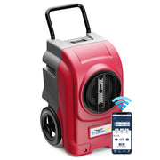 AlorAir Storm Elite in red and gray, front three-quarter view beside a phone showing the AlorAir app