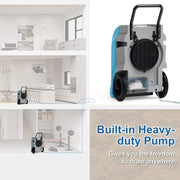Rear view of a blue AlorAir Storm Elite with its drain hose, and a house cutaway showing drainage, captioned Built-in Heavy-duty Pump