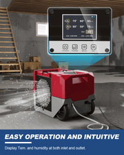 Red AlorAir Storm LGR 1250X in a wet basement with an enlarged view of its LCD readings