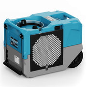 AlorAir Storm LGR 1250 dehumidifier in blue and gray, front three-quarter view showing the diamond-mesh inlet grille
