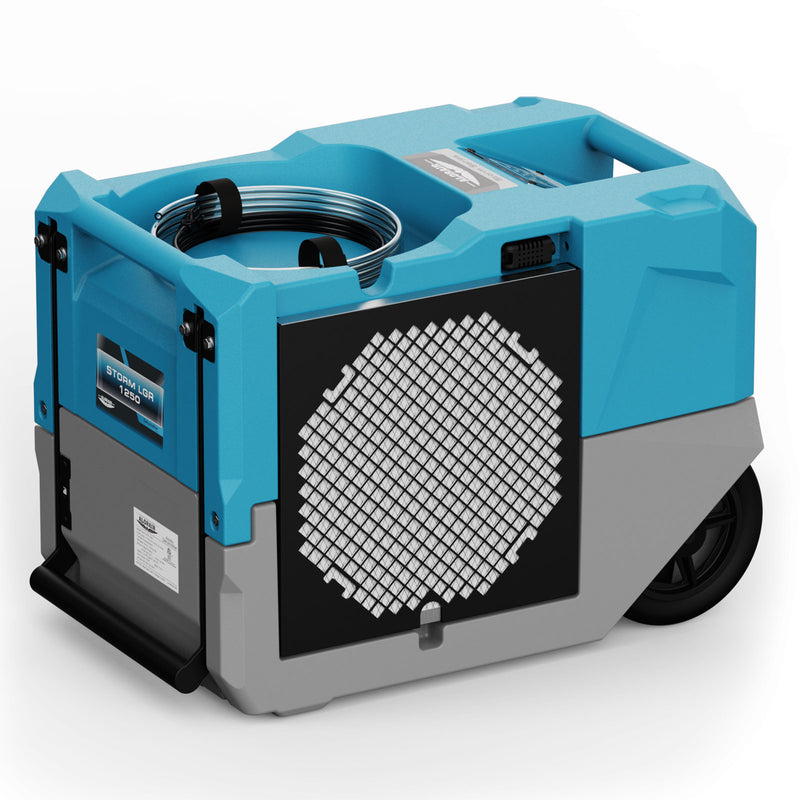 AlorAir Storm LGR 1250 dehumidifier in blue and gray, front three-quarter view showing the diamond-mesh inlet grille