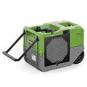 AlorAir Storm LGR 1250 dehumidifier in green and gray with its telescopic handle extended