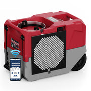 AlorAir Storm LGR 1250X WiFi dehumidifier in red and gray beside a phone showing the AlorAir app