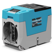 AlorAir Storm LGR 850 dehumidifier in blue and gray, front three-quarter view showing the fan grille and top control panel