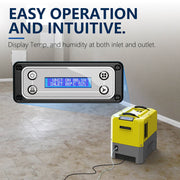 AlorAir Storm LGR Extreme LCD control panel showing inlet temperature and humidity, with the yellow unit on a floor