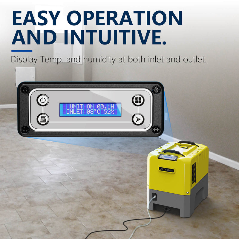 AlorAir Storm LGR Extreme LCD control panel showing inlet temperature and humidity, with the yellow unit on a floor