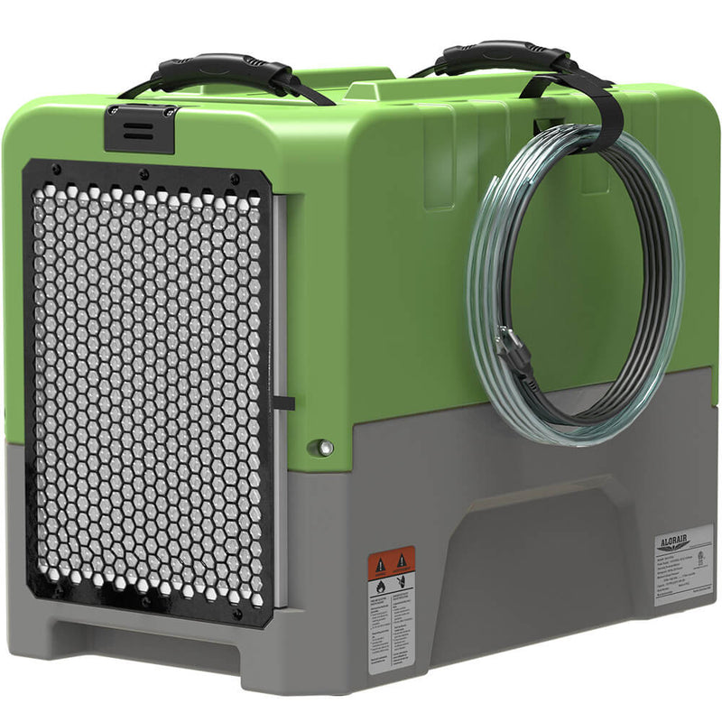AlorAir Storm LGR Extreme dehumidifier in green and gray, front three-quarter view