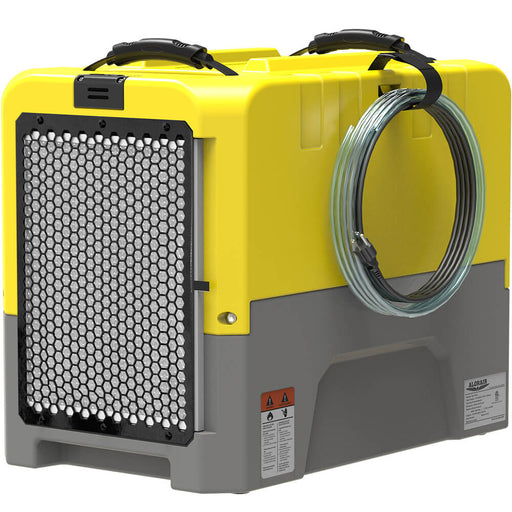 AlorAir Storm LGR Extreme dehumidifier in yellow and gray, front three-quarter view with coiled drain hose