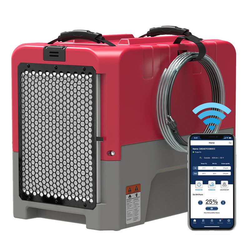 AlorAir Storm LGR Extreme WiFi in red with a phone showing the AlorAir app