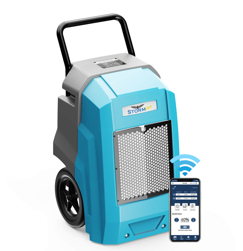 AlorAir Storm Pro in blue and gray, front three-quarter view; the image includes a phone graphic of the AlorAir app