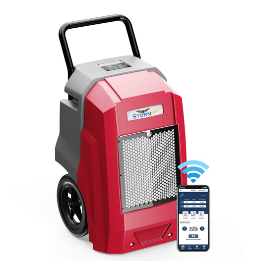 AlorAir Storm Pro in red and gray, front three-quarter view beside a phone showing the AlorAir app