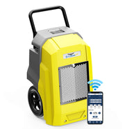 AlorAir Storm Pro in yellow and gray, front three-quarter view beside a phone showing the AlorAir app