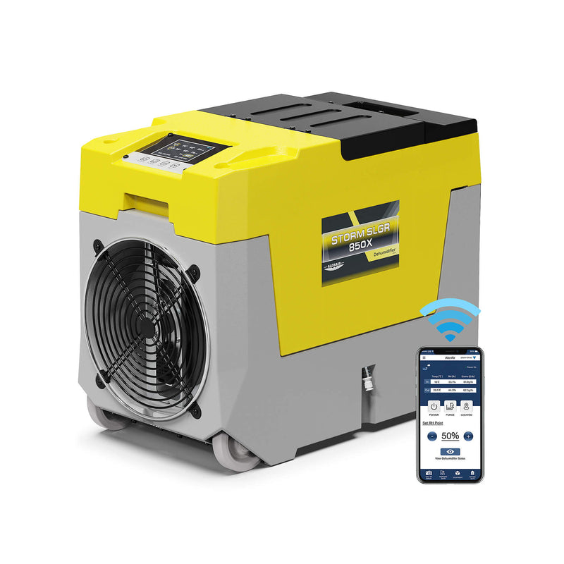 AlorAir Storm SLGR 850X in yellow and gray, front three-quarter view beside a phone showing the AlorAir app